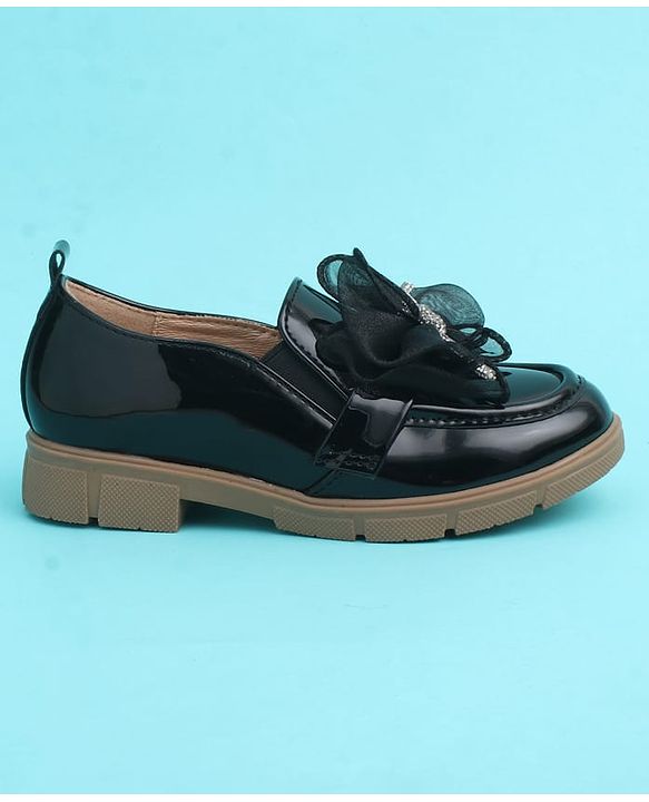 Pine Kids Slip On Closed Toe Ballerina with Bow Applique - Black