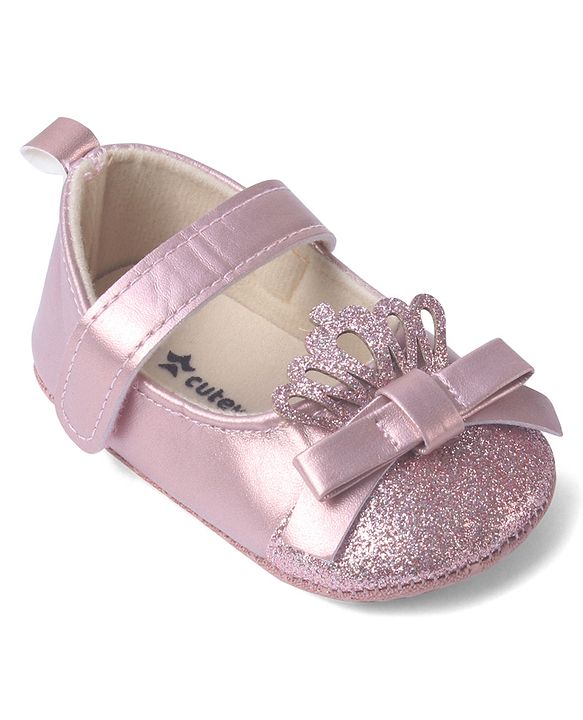 Cute Walk by Babyhug Velcro Closure Booties with Shimmer Floral Applique - Pink