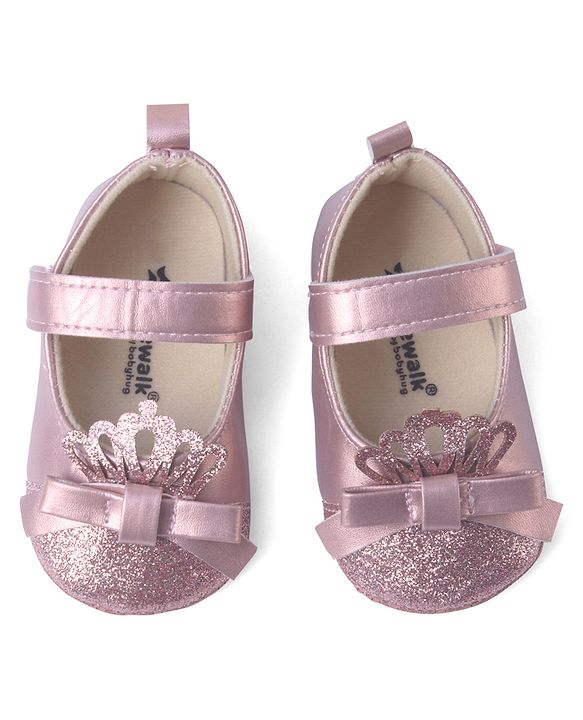 Cute Walk by Babyhug Velcro Closure Booties with Shimmer Floral Applique - Pink