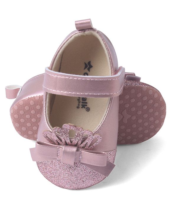 Cute Walk by Babyhug Velcro Closure Booties with Shimmer Floral Applique - Pink