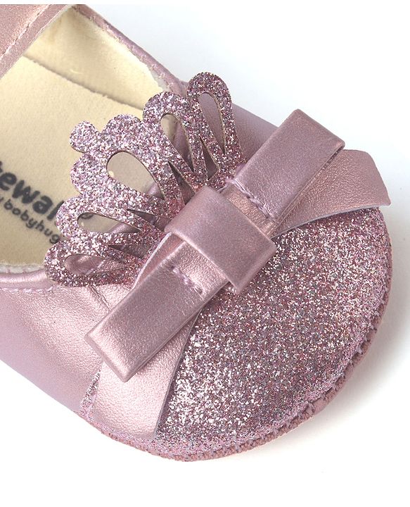 Cute Walk by Babyhug Velcro Closure Booties with Shimmer Floral Applique - Pink
