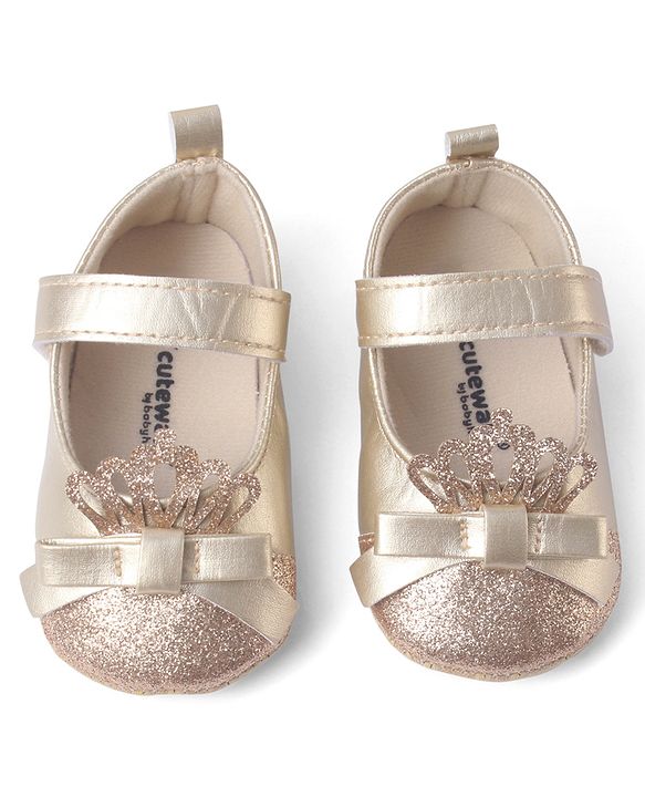 Cute Walk by Babyhug Velcro Closure Booties with Shimmer Floral Applique - Pink