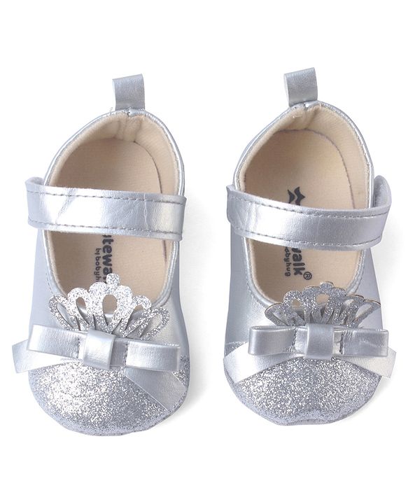 Cute Walk by Babyhug Velcro Closure Booties with Shimmer Floral Applique - Pink