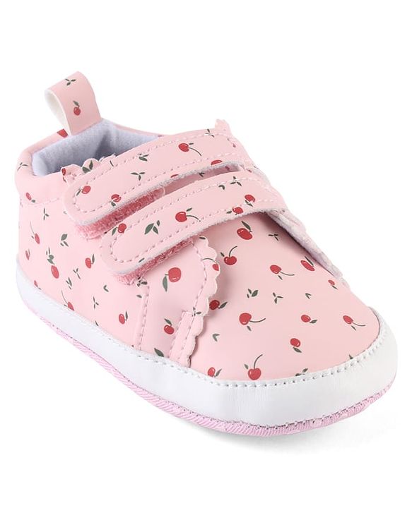 Cute Walk by Babyhug Booties With Velcro Closure & Cherry Print - Pink