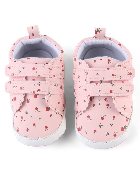 Cute Walk by Babyhug Booties With Velcro Closure & Cherry Print - Pink