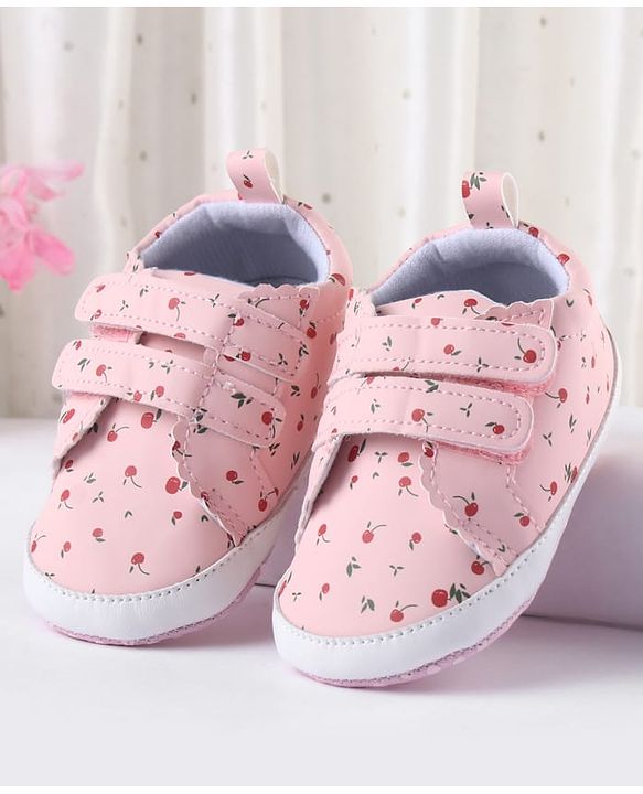 Cute Walk by Babyhug Booties With Velcro Closure & Cherry Print - Pink