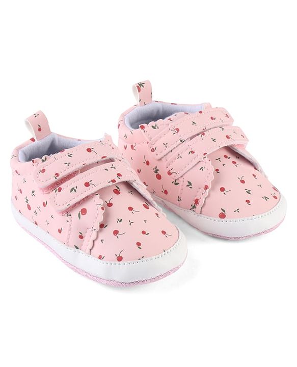 Cute Walk by Babyhug Booties With Velcro Closure & Cherry Print - Pink
