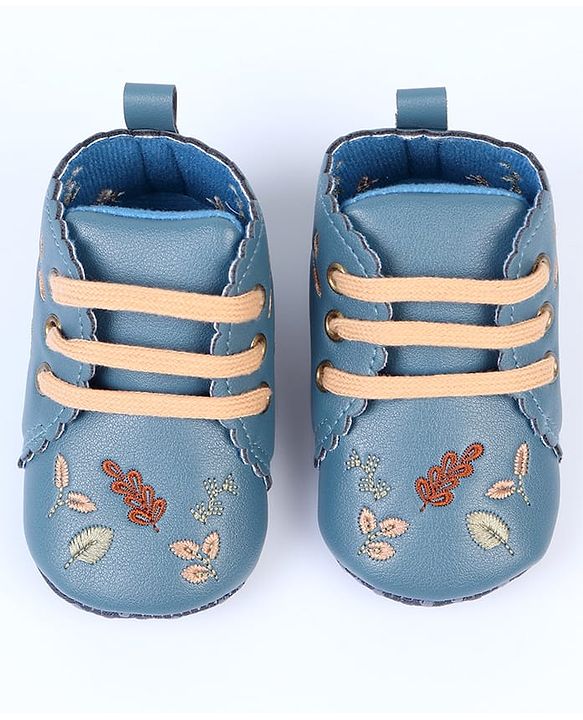 Cute Walk by Babyhug Slip On Booties With Leaf Embroidery - Blue
