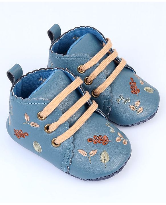 Cute Walk by Babyhug Slip On Booties With Leaf Embroidery - Blue