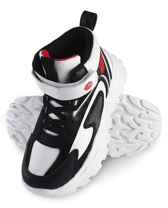 Pine Kids Sneaker Shoes With Velcro Closure & Basket Ball Print - White