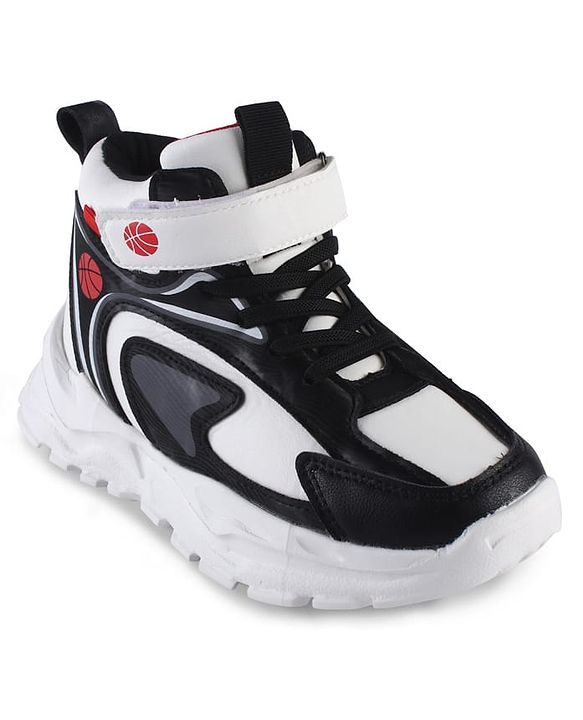 Pine Kids Sneaker Shoes With Velcro Closure & Basket Ball Print - White