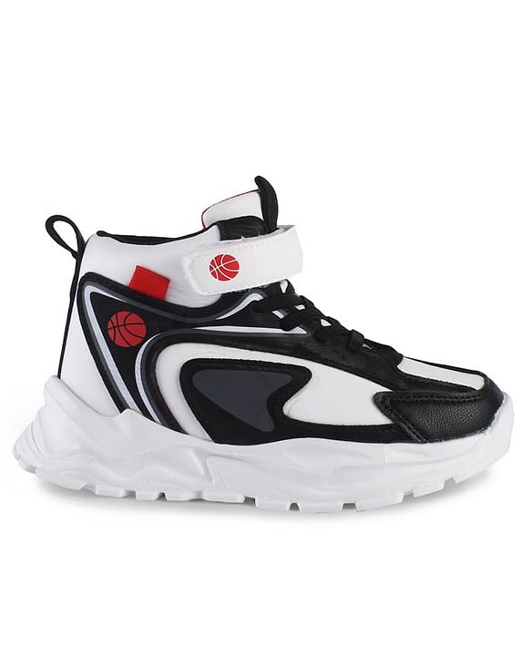Pine Kids Sneaker Shoes With Velcro Closure & Basket Ball Print - White