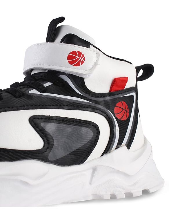 Pine Kids Sneaker Shoes With Velcro Closure & Basket Ball Print - White