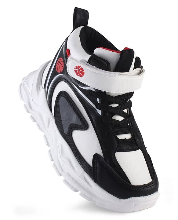 Pine Kids Sneaker Shoes With Velcro Closure & Basket Ball Print - White