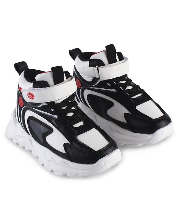 Pine Kids Sneaker Shoes With Velcro Closure & Basket Ball Print - White