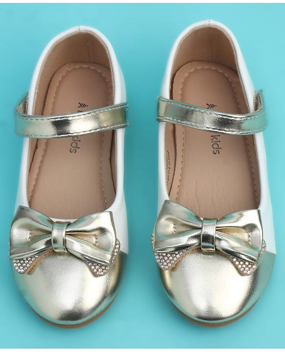 Pine Kids Velcro Closure Closed Toe Ballerina with Bow Applique - Golden