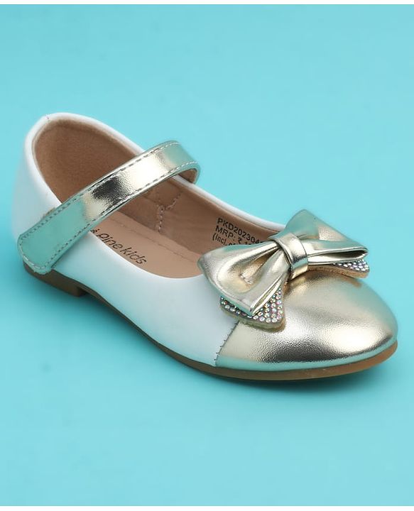 Pine Kids Velcro Closure Closed Toe Ballerina with Bow Applique - Golden