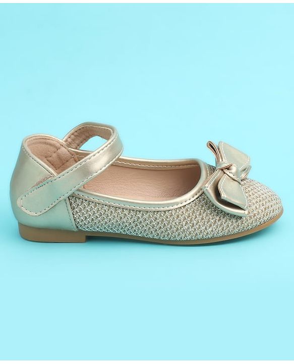 Pine Kids Velcro Closure Closed Toe Ballerina with Bow Applique - Golden