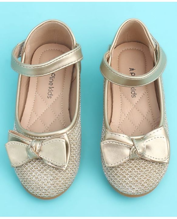 Pine Kids Velcro Closure Closed Toe Ballerina with Bow Applique - Golden