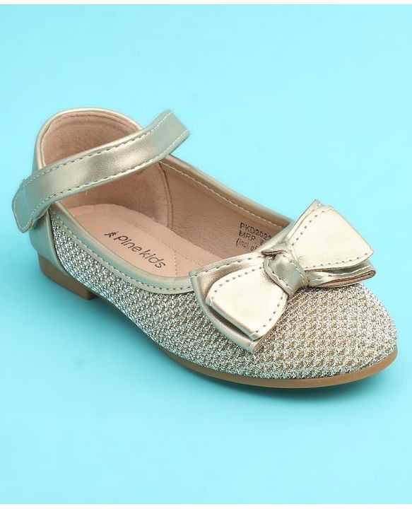 Pine Kids Velcro Closure Closed Toe Ballerina with Bow Applique - Golden