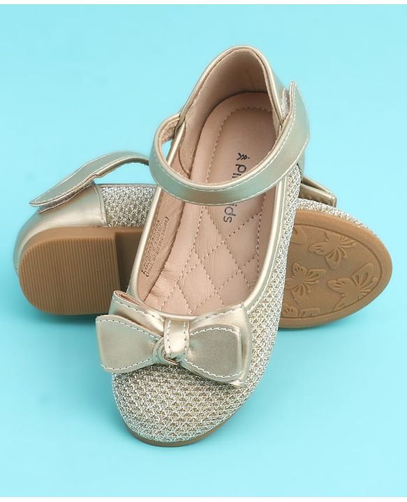 Pine Kids Velcro Closure Closed Toe Ballerina with Bow Applique - Golden