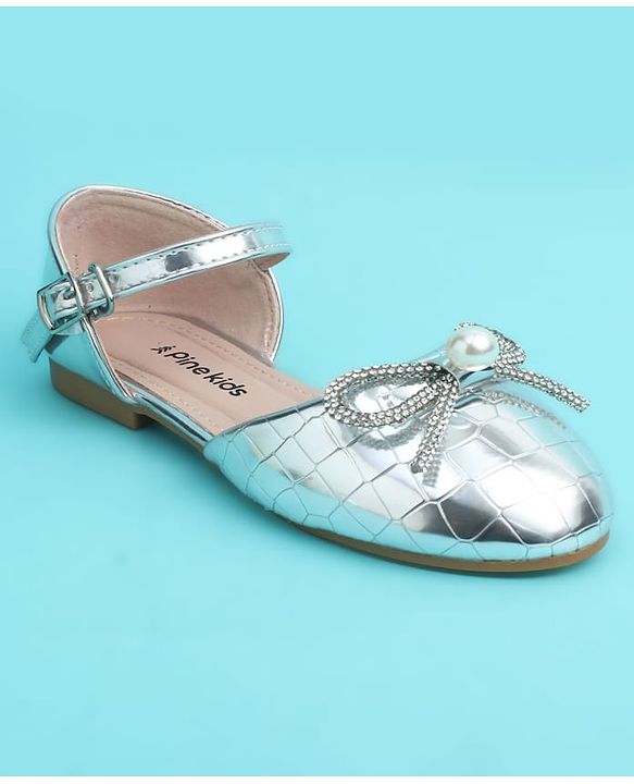 Pine Kids Buckle Closure Closed Toe Ballerina with Bow Applique - Silver