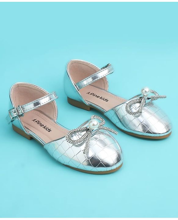 Pine Kids Buckle Closure Closed Toe Ballerina with Bow Applique - Silver