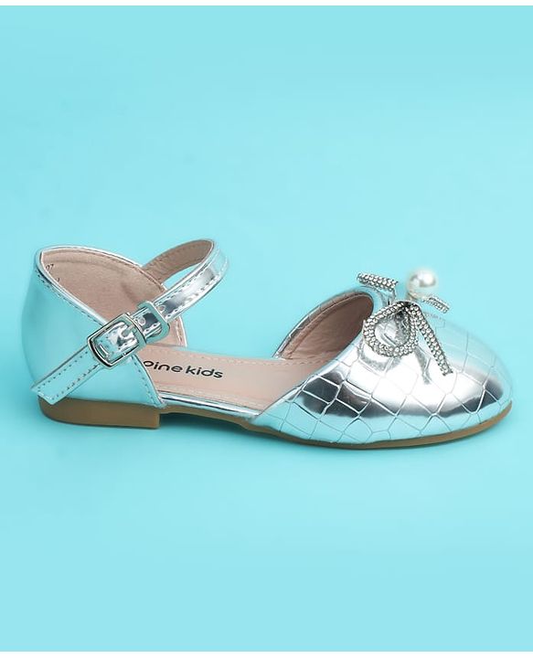 Pine Kids Buckle Closure Closed Toe Ballerina with Bow Applique - Silver