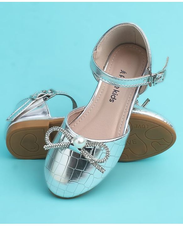 Pine Kids Buckle Closure Closed Toe Ballerina with Bow Applique - Silver