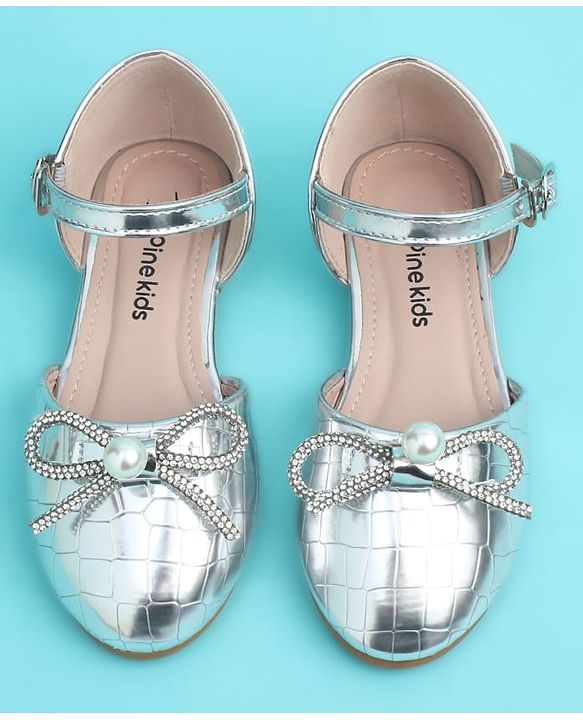 Pine Kids Buckle Closure Closed Toe Ballerina with Bow Applique - Silver