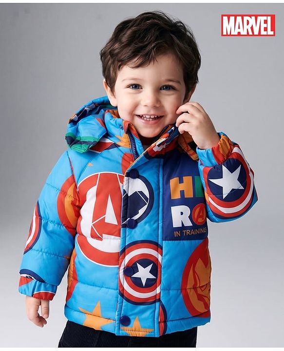 Babyhug Marvel Woven Winter Jacket with Full Sleeves and Hero In Training Print - Blue for 3-6 Months