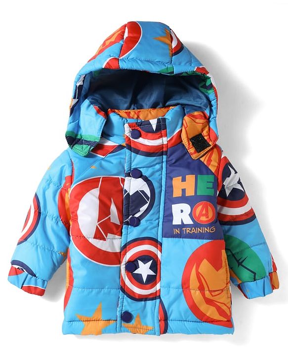Babyhug Marvel Woven Winter Jacket with Full Sleeves and Hero In Training Print - Blue for 3-6 Months