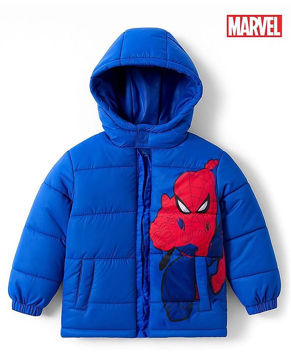 Babyhug Marvel Woven Hooded Winter Jacket with Full Sleeves and Spider-Man Graphic - Blue