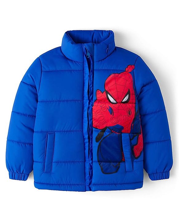 Babyhug Marvel Woven Hooded Winter Jacket with Full Sleeves and Spider-Man Graphic - Blue