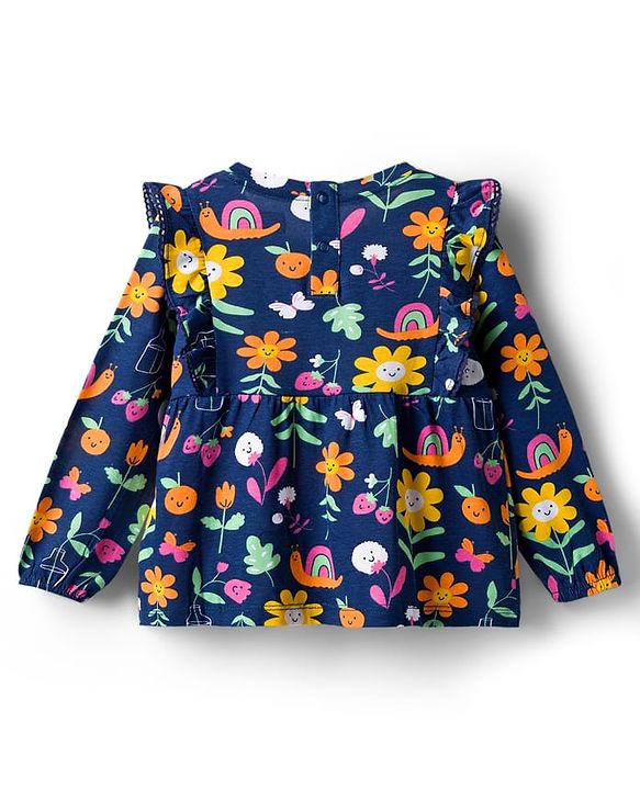Babyhug 100% Cotton Knit Full Sleeves Top With Floral Print & Frill Detailing - Navy Blue