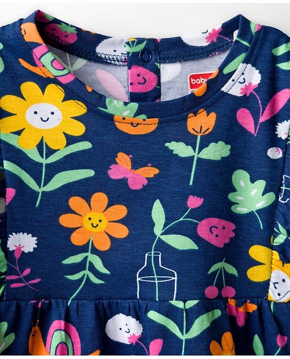 Babyhug 100% Cotton Knit Full Sleeves Top With Floral Print & Frill Detailing - Navy Blue