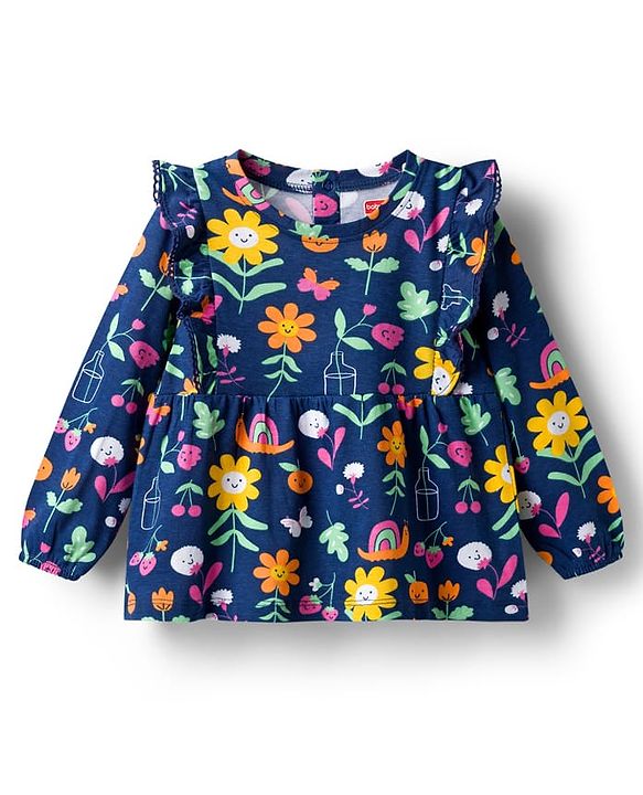 Babyhug 100% Cotton Knit Full Sleeves Top With Floral Print & Frill Detailing - Navy Blue