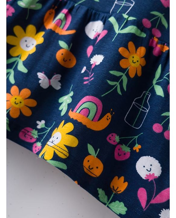 Babyhug 100% Cotton Knit Full Sleeves Top With Floral Print & Frill Detailing - Navy Blue