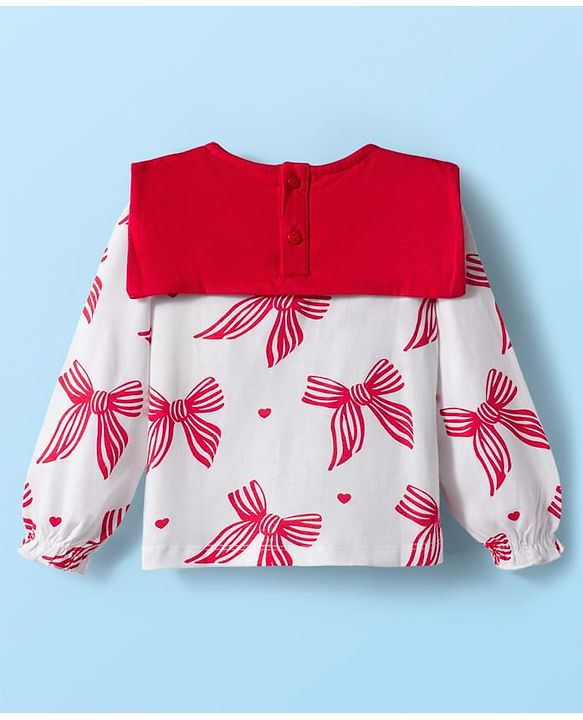 Babyhug 100% Cotton Knit Full Sleeves Top with Collar & Bow Print - Red & White
