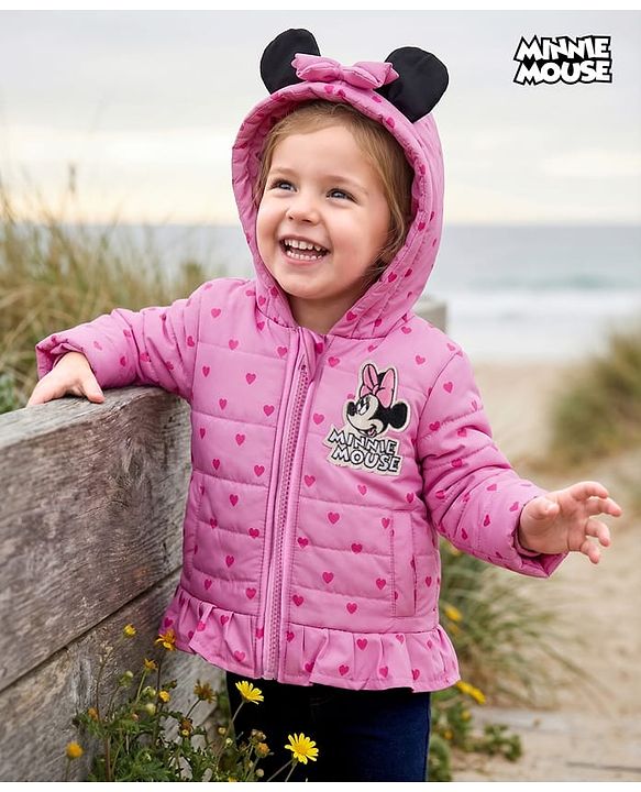 Babyhug Disney Woven Full Sleeves Hooded Winter Jacket With Minnie & Friends Graphics & Ear Bow Applique - Pink