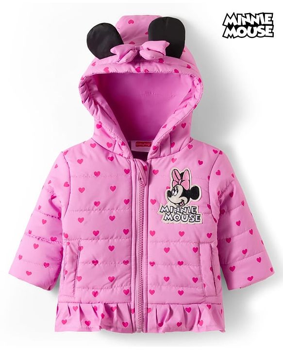 Babyhug Disney Woven Full Sleeves Hooded Winter Jacket With Minnie & Friends Graphics & Ear Bow Applique - Pink