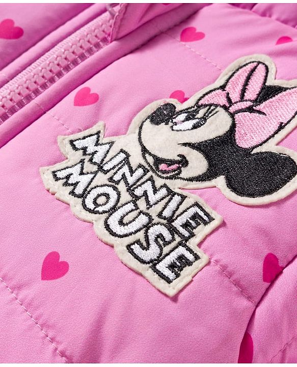 Babyhug Disney Woven Full Sleeves Hooded Winter Jacket With Minnie & Friends Graphics & Ear Bow Applique - Pink