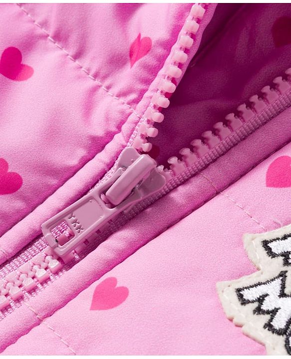 Babyhug Disney Woven Full Sleeves Hooded Winter Jacket With Minnie & Friends Graphics & Ear Bow Applique - Pink