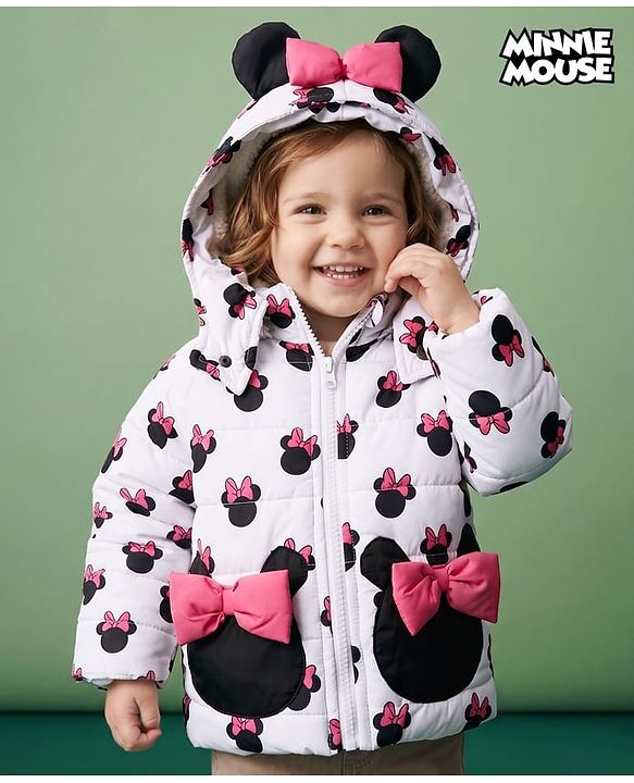 Babyhug Disney Woven Full Sleeves Hooded Winter Jacket With Minnie Mouse Print & Ear Bow Applique - White