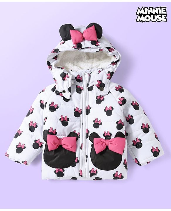 Babyhug Disney Woven Full Sleeves Hooded Winter Jacket With Minnie Mouse Print & Ear Bow Applique - White