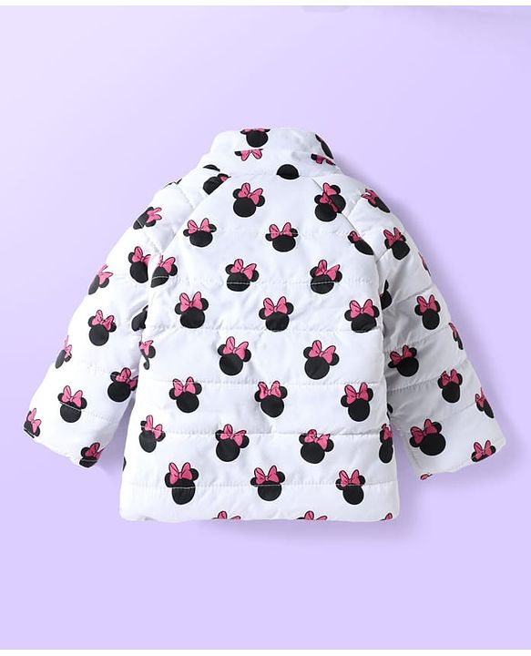 Babyhug Disney Woven Full Sleeves Hooded Winter Jacket With Minnie Mouse Print & Ear Bow Applique - White