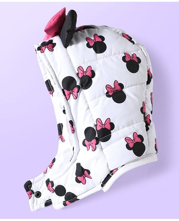 Babyhug Disney Woven Full Sleeves Hooded Winter Jacket With Minnie Mouse Print & Ear Bow Applique - White