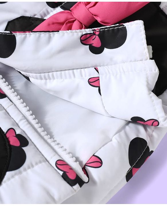Babyhug Disney Woven Full Sleeves Hooded Winter Jacket With Minnie Mouse Print & Ear Bow Applique - White