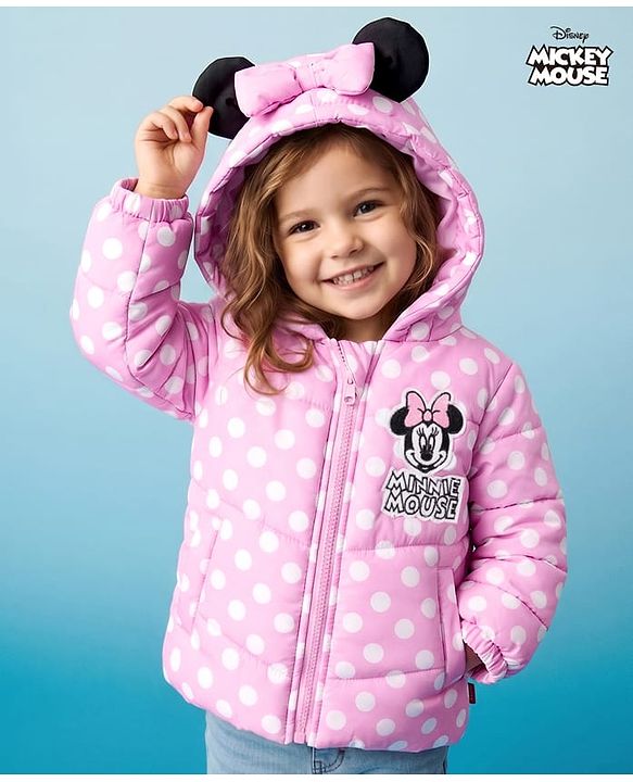 Babyhug Disney Woven Full Sleeves Hooded Padded Winter Jacket With Minnie Mouse Graphics With Ear & Bow Applique - Pink