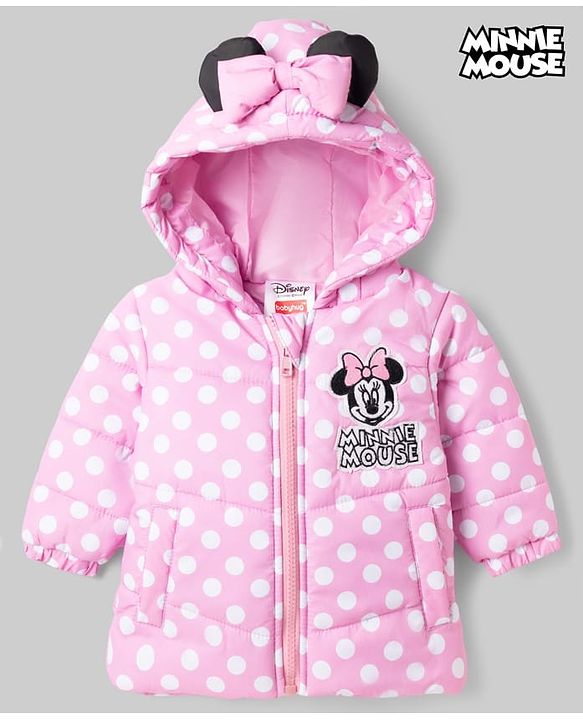 Babyhug Disney Woven Full Sleeves Hooded Padded Winter Jacket With Minnie Mouse Graphics With Ear & Bow Applique - Pink